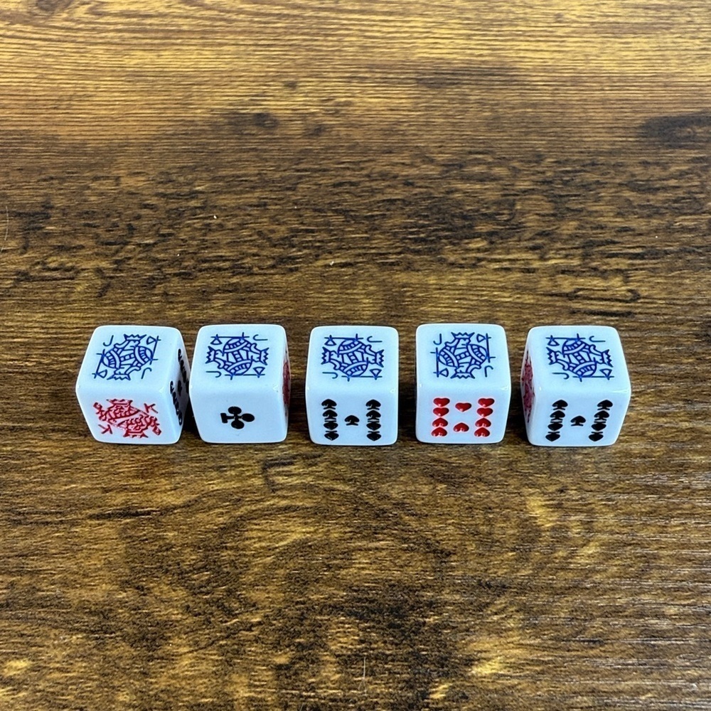 Intricate White Dice Set with Red and Blue Patterns